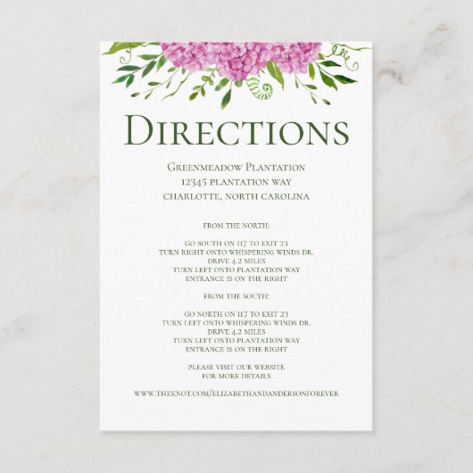 ピンクあじさい花の結婚式の指示 エンクロージャーカード (正面)