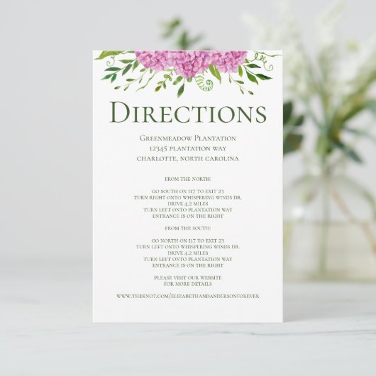 ピンクあじさい花の結婚式の指示 エンクロージャーカード (スタンド正面)