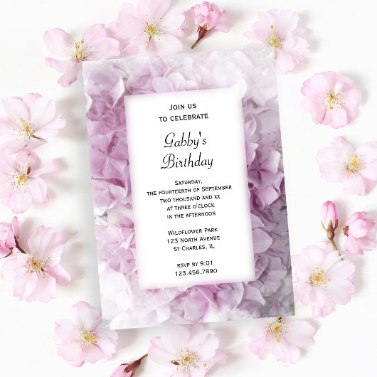 ピンクあじさい花の誕生日パーティー 招待状