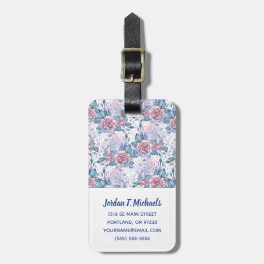 ピンクあなたの一流の|及び青のバラパターンを加えて下さい ラゲッジタグ (正面縦)