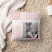 ピンクあなたの写真を追加Ginghamモノグラムモダン クッション (ブランケット)