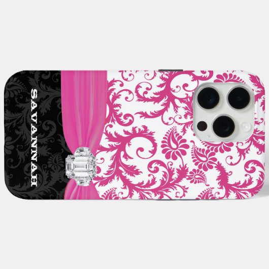 ピンクあなたの名前または引用文フェイクRhinestoneダマスク Case-Mate iPhoneケース (裏面 (横))