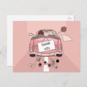 ピンクありがとう結婚さんの車の新郎新婦マンガ ポストカード (正面/裏面)