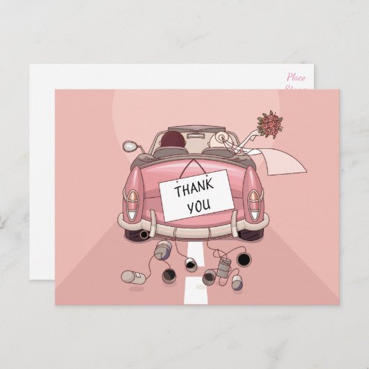 ピンクありがとう結婚さんの車の新郎新婦マンガ ポストカード (正面/裏面)