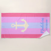ピンクいかりモダン航海のストライプ名前をカスタムする ビーチタオル (正面)
