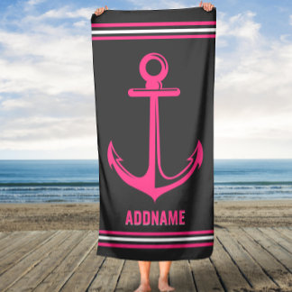 ピンクいかり名前をカスタムする ビーチタオル