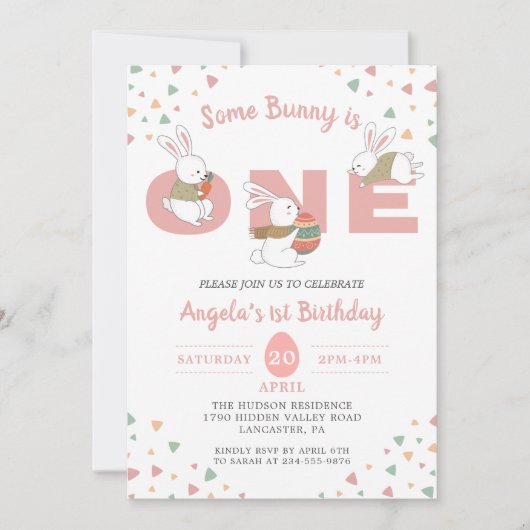 ピンクいくつかのバニーは1つのイースターファースト誕生日 招待状 (正面)