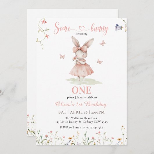 ピンクいくつかのバニーは1つの女の子の最初の誕生日を回している 招待状 (正面/裏面)
