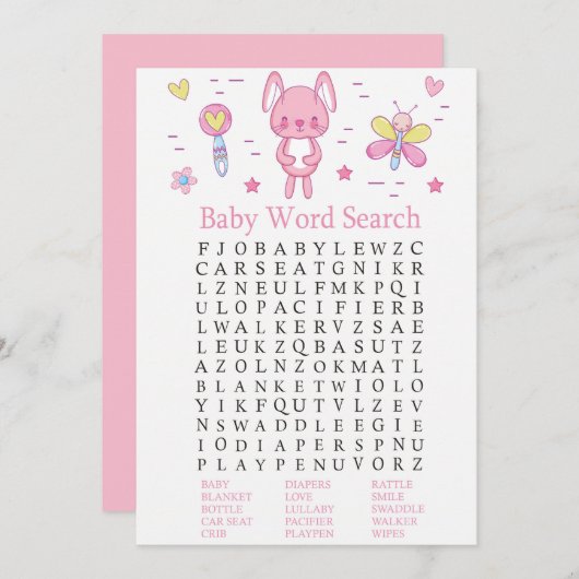 ピンクうさぎ赤ちゃんシャワーワード検索ゲーム 招待状 (正面/裏面)