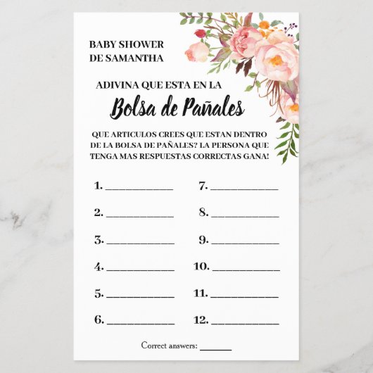 ピンクおむつシャワーバッグのゲームカードに何が チラシ (裏面)