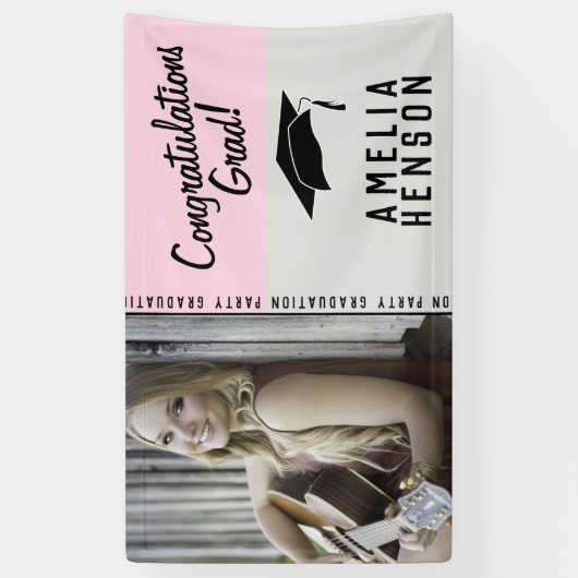 ピンクおめでとうございます卒業パーティーの写真 横断幕 (縦)