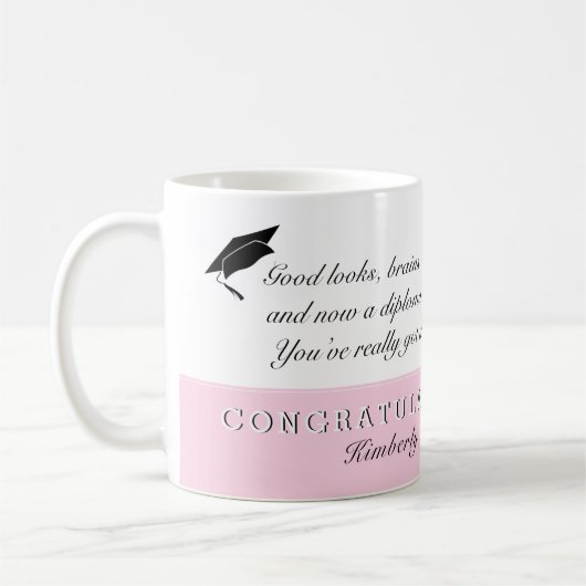 ピンクおめでとうのメッセージの写真 コーヒーマグカップ (左)