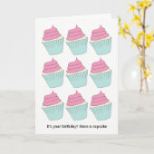 ピンクおもしろいとアクア食べカップケーキ誕生日カード カード (黄色い花)