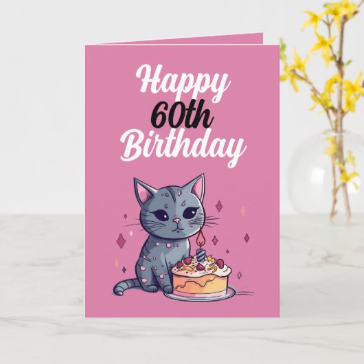 ピンクおもしろいと白猫の夫60誕生日 カード (黄色い花)