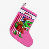 ピンクおもしろいのクリスマスサンタTRexティラノサウルスクリスマス スモールクリスマスストッキング (正面 (吊り時))