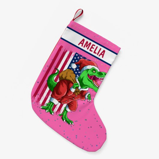 ピンクおもしろいのクリスマスサンタTRexティラノサウルスクリスマス スモールクリスマスストッキング (正面 (吊り時))