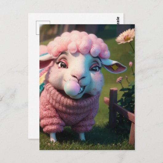 ピンクおもしろいのバブルガムを噛むセーターの羊 ポストカード (正面/裏面)