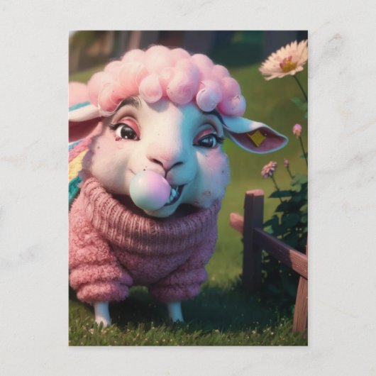 ピンクおもしろいのバブルガムを噛むセーターの羊 ポストカード (正面)