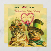 ピンクおもしろいのバラのハートを持つバレンタインデーの猫 招待状 (正面/裏面)