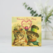 ピンクおもしろいのバラのハートを持つバレンタインデーの猫 招待状 (スタンド正面)