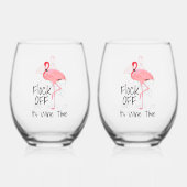 ピンクおもしろいのフラミンゴの群れ ステムなしワイングラス (裏面)