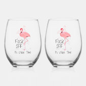ピンクおもしろいのフラミンゴの群れ ステムなしワイングラス (正面)