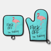 ピンクおもしろいのフラミンゴの群れ 鍋つかみ&鍋敷きセット (正面)