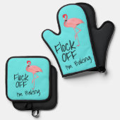 ピンクおもしろいのフラミンゴの群れ 鍋つかみ&鍋敷きセット (正面/裏面)