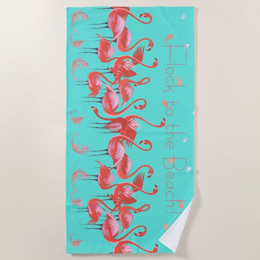 ピンクおもしろいのフラミンゴスがビーチに群がる ビーチタオル (正面)