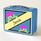 ピンクおもしろいのヘアスクールバディと緑の怪物 メタルランチボックス (裏面)