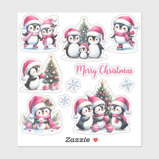 ピンクおもしろいのメリークリスマスのペンギン シール (シート)