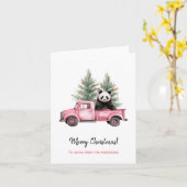 ピンクおもしろいのヴィンテージトラックのクリスマスにパンダ カード (黄色い花)