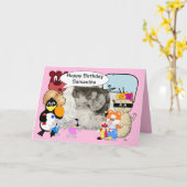 ピンクおもしろいの可愛い漫画の動物 カード (黄色い花)