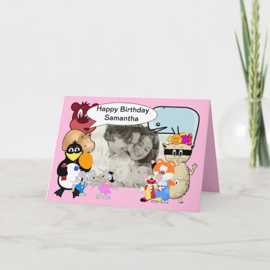 ピンクおもしろいの可愛い漫画の動物 カード (正面)