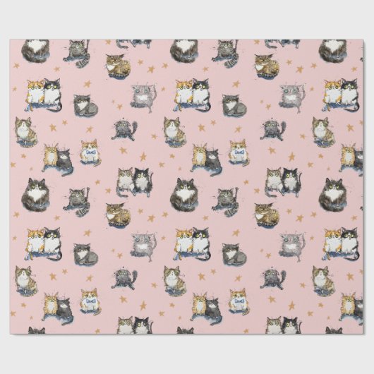 ピンクおもしろいの猫の上で星の中の猫パターン(の模様が)ある ラッピングペーパー (フラット)