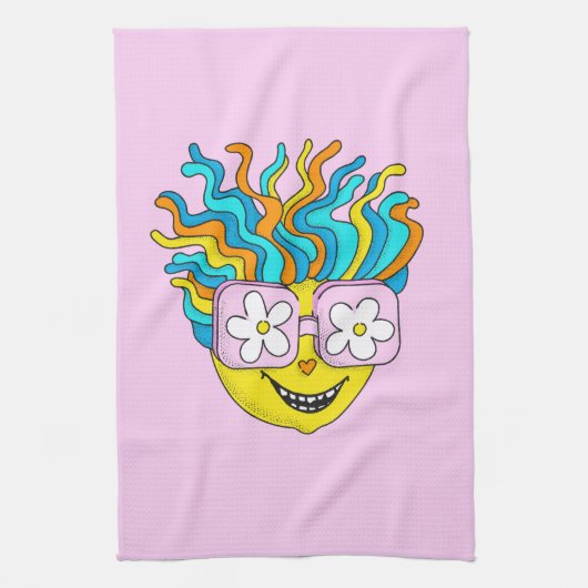 ピンクおもしろいの眼鏡を使った笑顔のキャラクターカラフル キッチンタオル (縦)