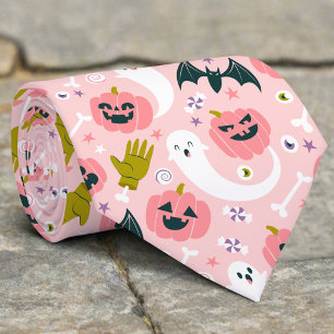 ピンクおもしろいカボチャかわいいホワイト幽霊こうもりハロウィーン ネクタイ