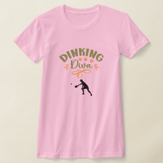 ピンクおもしろいグリーンオレンジDinking Diva Pickleball Tシャツ (レイダウン)