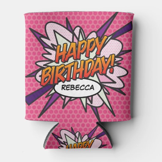 ピンクおもしろいハッピーバースデー パーソナライズされた 缶クーラー (正面)