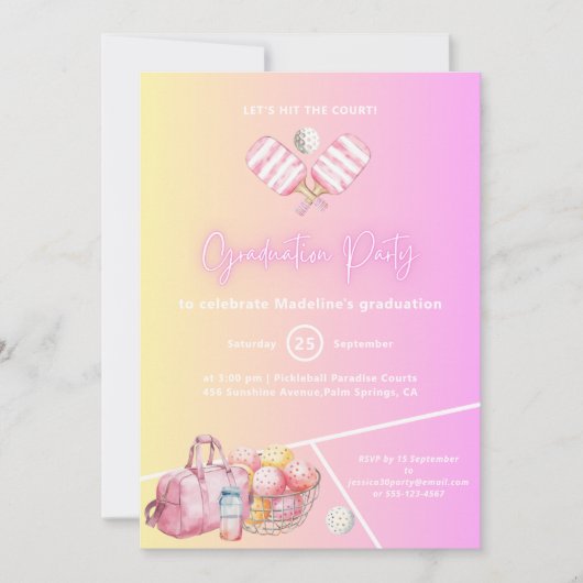 ピンクおもしろいピックボール卒業パーティー招待状 招待状 (正面)