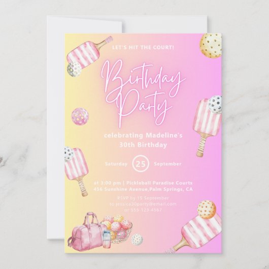 ピンクおもしろいピックボール30th誕生日パーティの招待状 招待状 (正面)
