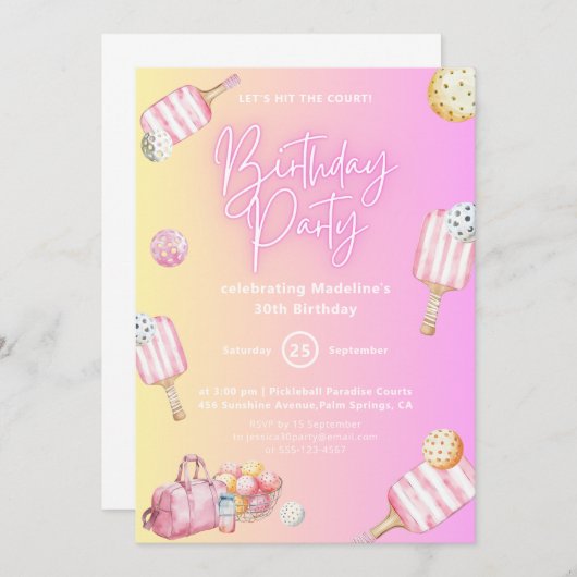 ピンクおもしろいピックボール30th誕生日パーティの招待状 招待状 (正面/裏面)