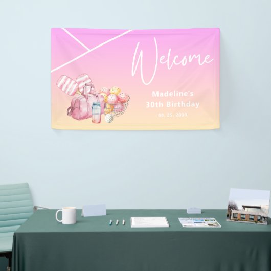 ピンクおもしろいピックボール30th誕生日パーティーへようこそ 横断幕 (トレードショー)