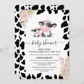 ピンクおもしろいフローラ聖牛プリント赤ちゃんシャワー 招待状 (正面/裏面)