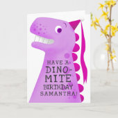 ピンクおもしろい恐竜子供の誕生日 カード (黄色い花)