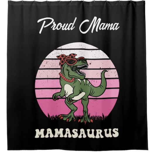 ピンクおもしろい色の夕日のママサウルス恐竜 シャワーカーテン (正面)