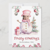 ピンクおもしろい雪だるまキッズフォト顔おもしろいクリスマス シーズンカード (正面)