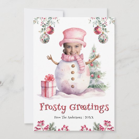 ピンクおもしろい雪だるまキッズフォト顔おもしろいクリスマス シーズンカード (正面)