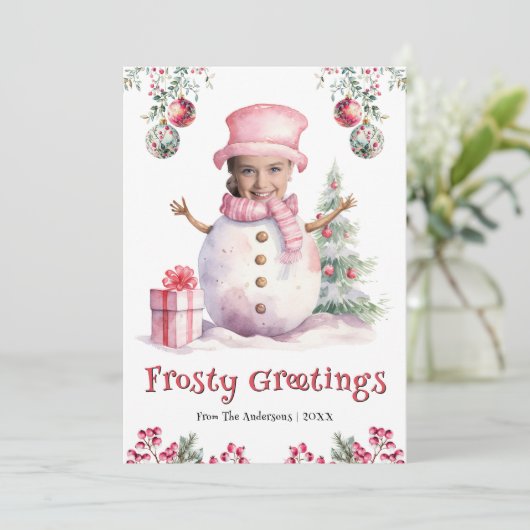 ピンクおもしろい雪だるまキッズフォト顔おもしろいクリスマス シーズンカード (スタンド正面)