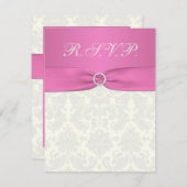 ピンクおよびアイボリーのダマスク織の応答カード 出欠カード (正面/裏面)